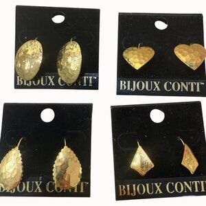 Gold-Tone Hammered Metal Earrings Set Of 4 By Bijoux Conti  Heart Teardrop Oval